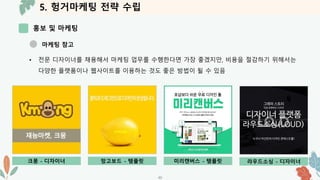 5. 헝거마케팅 전략 수립
홍보 및 마케팅
-32-
마케팅 참고
• 전문 디자이너를 채용해서 마케팅 업무를 수행한다면 가장 좋겠지만, 비용을 절감하기 위해서는
다양한 플랫폼이나 웹사이트를 이용하는 것도 좋은 방법이 될 수 있음
크몽 - 디자이너 망고보드 - 템플릿 미리캔버스 - 템플릿 라우드소싱 - 디자이너
 