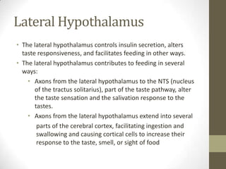 Lateral Hypothalamus
• The lateral hypothalamus controls insulin secretion, alters
taste responsiveness, and facilitates feeding in other ways.
• The lateral hypothalamus contributes to feeding in several
ways:
• Axons from the lateral hypothalamus to the NTS (nucleus
of the tractus solitarius), part of the taste pathway, alter
the taste sensation and the salivation response to the
tastes.
• Axons from the lateral hypothalamus extend into several
parts of the cerebral cortex, facilitating ingestion and
swallowing and causing cortical cells to increase their
response to the taste, smell, or sight of food

 