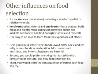 Other influences on food
selection
• For a carnivore (meat eater), selecting a satisfactory diet is
relatively simple.
• herbivores (plant eaters) and omnivores (those that eat both
meat and plants) must distinguish between edible and
inedible substances and find enough vitamins and minerals
• One way to do so is to learn from the experiences of others.
• First, you would select sweet foods, avoid bitter ones, and eat
salty or sour foods in moderation. Most sweets are
nutritious, and bitter substances are harmful.
• Second, you would prefer anything that tasted familiar.
familiar foods are safe, and new foods may not be.
• Third, you would learn the consequences of eating each food
you try.

 