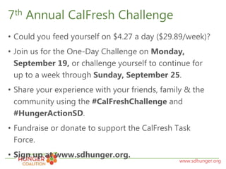 www.sdhunger.org
7th Annual CalFresh Challenge
• Could you feed yourself on $4.27 a day ($29.89/week)?
• Join us for the One-Day Challenge on Monday,
September 19, or challenge yourself to continue for
up to a week through Sunday, September 25.
• Share your experience with your friends, family & the
community using the #CalFreshChallenge and
#HungerActionSD.
• Fundraise or donate to support the CalFresh Task
Force.
• Sign up at www.sdhunger.org.
 