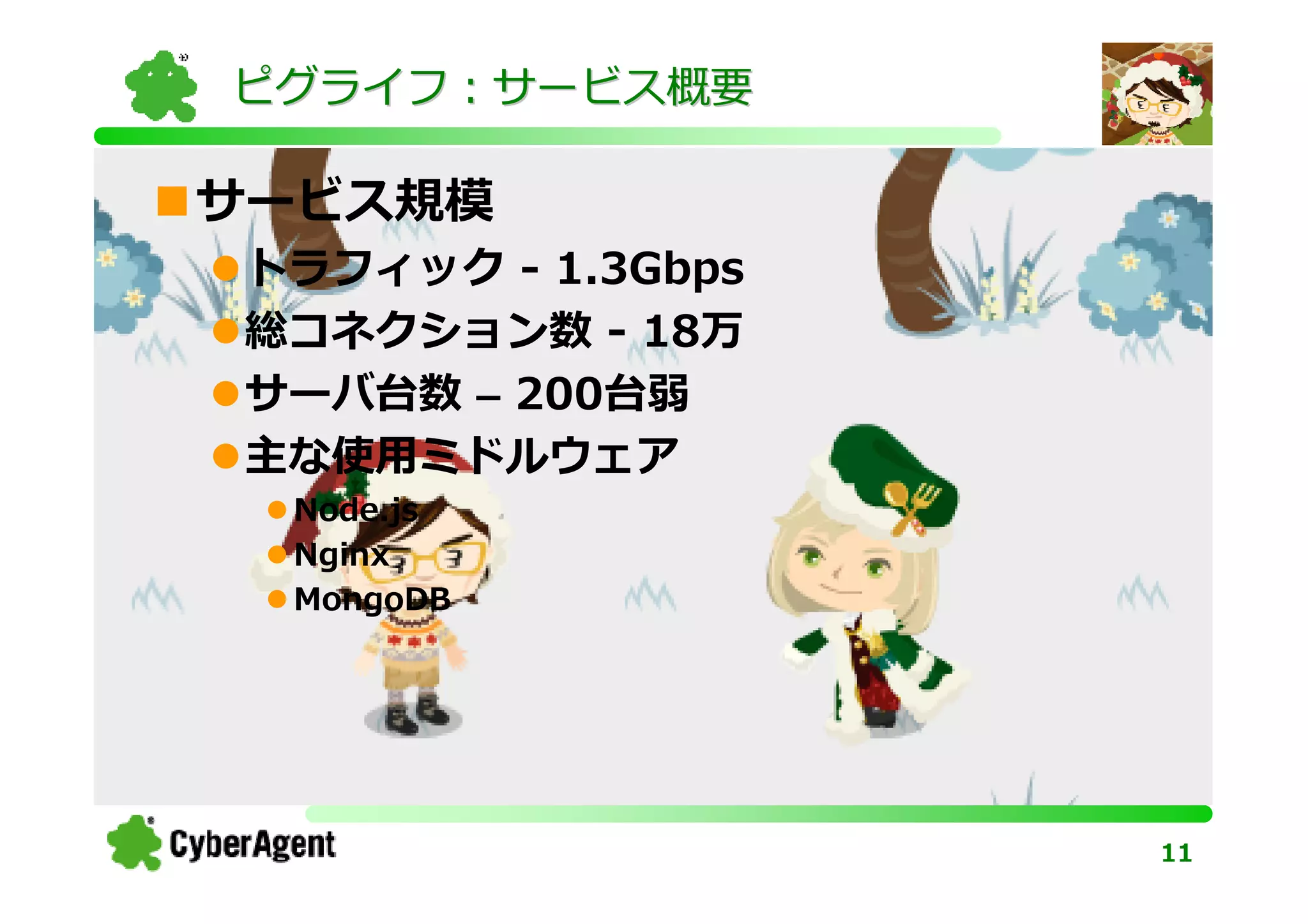 ピグライフ：サービス概要

サービス規模
トラフィック - 1.3Gbps
総コネクション数 - 18万
サーバ台数 – 200台弱
主な使⽤ミドルウェア
 Node.js
 Nginx
 MongoDB




                   11
 