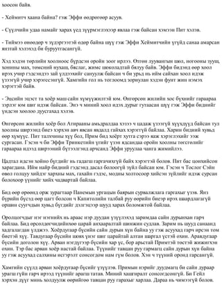 õîîñîí áàéâ. 
- Õåéìèò÷ õààíà áàéíà? ãýæ Ýôôè ººäðºãººð àñóóâ. 
- Ñ¿¿ë÷èéí óäàà íàìàéã õàðàõ ¿åä ç¿¿ðìýãëýõýýð ÿâëàà ãýæ áàéñàí õýìýýí Ïèò õýëýâ. 
- Òèéìýý ºíººäºð ÷ ç¿äýðãýýòýé ºäºð áàéíà ø¿¿ ãýæ Ýôôè Õåéìèò÷èéí ¿ã¿éä ñàíàà àìàðñàí 
ÿíçòàé õýëýõýä áè áóðóóòãàñàíã¿é. 
Õýä õýäýí òºðëèéí õîîëíîîñ á¿ðäñýí îðîéí çîîã èðëýý. ªòãºí ëóóâàíãûí øºë, íîãîîíû çóóø, 
õîíèíû ìàõ, òºìñíèé íóõàø, áÿñëàã, æèìñ øîêîëàäòàé áÿëóó áàéâ. Ýôôè áèäýíä ººð õîîë 
èðýõ ó÷èð ãýäñýíäýý çàé ¿ëäýýõèéã ñàíóóëæ áàéñàí ÷ áè óðüä íü èéì ñàéõàí õîîë èäýæ 
¿çýýã¿é ó÷èð õýðýãññýíã¿é. Õàìãèéí ãîë íü òîãëîîìä çîðèóëàí õýäýí ôóíò æèí íýìýõ 
õýðýãòýé áàéâ. 
- Ýöñèéí ýöýñò òà õî¸ð ìàø ñàéí õ¿ì¿¿æèëòýé þì. ªíãºðñºí æèëèéí õîñ á¿õíèéã ãàðààðàà 
çýðëýã þì øèã èäýæ áàéñàí. Ýíý ÷ ìèíèé õîîë èäýõ äóðûã ãóòààñàí ø¿¿ ãýæ Ýôôè áèäíèéã 
¿íäñýí õîîëîî äóóñãàõàä õýëýâ. 
ªíãºðñºí æèëèéí õî¸ð áîë Àòèðààíû àìüäðàëäàà õýçýý ÷ öàäàæ ¿çýýã¿é õ¿¿õä¿¿ä áàéñàí òóë 
õîîëíû øèðýýíä áèåý õýðõýí àâ÷ ÿâñàí ÿâäàëä ãàéõàõ õýðýãã¿é áàéëàà. Õàðèí áèäíèé õóâüä 
ººð õ¿ì¿¿ñ. Ïèò òàëõ÷èíû õ¿¿ áîë, Ïðèì áèä õî¸ðò õóòãà ñýðýý ÿàæ õýðýãëýõèéã ýýæ 
ñóðãàñàí. Ãýñýí ÷ áè Ýôôè Òðèíêåòèéí ¿ãèéã ¿çýí ÿäñàíäàà îðîéí õîîëíû òºãñãºëèéã 
ãàðààðàà èäýýä øèðýýíèé á¿òýýëãýíä àð÷ñàíä Ýôôè óðóóëàà ÷àíãà æèìèéëýý. 
Öàäòàë èäñýí õîéíî á¿ãäèéã íü ãàäàãø ãàðãà÷èõã¿é áàéõ õýðýãòýé áîëîâ. Ïèò áàñ öîíõèéñîí 
õàðàãäàíà. Èéì íàéð áèäíèé ãýäñýíä äàñàë áîëîîã¿é ç¿éë áàéñàí þì. Ãýñýí ÷ Òîñëîã Ñýéí 
ºâºë ãîëöóó õèéäýã õàðõíû ìàõ, ãàõàéí ãýäýñ, ìîäíû õîëòîñîîð õèéñýí ç¿éëèéã èäýæ ñóðñàí 
áîëîõîîð ¿¿íèéã õèéõ ÷àäâàðòàé áàéëàà. 
Áèä ººð ºðººíä îðæ çóðàãòààð Ïàíåìûí óðãàöûí áàÿðûí ñóðâàëæëàãà ãàðãàõûã ¿çýâ. ßíç 
á¿ðèéí á¿ñýä ººð öàãò áîëñîí ÷ Êàïèòîëèéí òàëáàé ðóó ººðèéí áèåýð èðýõ øààðäëàãàã¿é 
îðøèí ñóóã÷äûí õóâüä á¿ãäèéã äýëãýöýýð øóóä õàðàõ áîëîìæòîé áàéëàà. 
Îðîëöîã÷äûã íýã íýãíèéõ íü àðààñ íýð äóóäàí ¿ç¿¿ëýõýä çàðèìäàà ñàéí äóðûíõàí ãàð÷ 
áàéëàà. Áèä ºðñºëäºã÷èäèéíõºº öàðàé àíõààðàëòàé øèíæèí ñóäëàâ. Çàðèì íü øóóä ñàíààíä 
õàäãàëàãäàí ¿ëäæýý. Õî¸ðäóãààð á¿ñèéí ñàéí äóðûí õ¿í áàéíà óó ãýæ àñóóõàä ãàð÷ èðñýí òîì 
áèåòýé õ¿¿. Òàâäóãààð á¿ñèéí øîâõ ¿íýã øèã öàðàéòàé àëòàí øàðãàë ¿ñòýé îõèí. Àðàâäóãààð 
á¿ñèéí äîãîëîí õ¿¿. Àðâàí íýãä¿ãýýð á¿ñèéí õàð ¿ñ, áîð àðüñòàé Ïðèìòýé òºñòýé æèæèãõýí 
îõèí. Òýð áàñ àðâàí õî¸ð íàñòàé áàéëàà. Ò¿¿íèéã òàâöàí ðóó ãàðìàãö ñàéí äóðûí õ¿í áàéíà 
óó ãýæ àñóóõàä ñàëõèíû èñãýðýëò ñîíñîãäîì íàì ã¿ì áîëîâ. Õýí ÷ ò¿¿íèé îðîíä ãàðñàíã¿é. 
Õàìãèéí ñ¿¿ëä àðâàí õî¸ðäóãààð á¿ñèéã ¿ç¿¿ëýâ. Ïðèìûí íýðèéã äóóäìàãö áè ñàéí äóðààð 
óðàãø ã¿éí ãàð÷ èðýýä ò¿¿íèéã àðàãø òàòàâ. Ìèíèé õàøãèðàëò ñîíñîãäñîíã¿é. Áè Ãåéë 
õýðõýí ä¿¿ã ìèíü õîëäóóëæ ººðèéãºº òàâöàí ðóó ãàðàõûã õàðëàà. Äàðàà íü ÷èìýýã¿é áîëîâ. 
 
