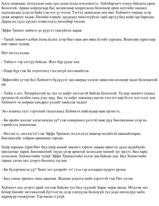 Àëãà òàøèõààñ òàòãàëçñàí íàì ã¿ì ñàëàõ ¸ñíû ìýíä÷èëãýý. Òàéëáàðëàã÷ õýö¿¿ áàéäàëä îðîâ 
áîëîëòîé. Àðâàí õî¸ðäóãààð á¿ñ õºãæèëººð õîöðîãäñîí áîëîõîîð îðîí íóòãèéí çàíøèë 
õàäãàëàãäàí ¿ëäñýí áàéõ ãýæ íýã ¿ã õýëýâ. Òýãòýë çàõèàëñàí þì øèã Õåéìèò÷ òàâöàí äýýð 
óíàæ õºõðºëò õàäàâ. Ïèòèéí íýðèéã äóóäàõàä ÷èìýýã¿éõýí ãàð÷ èðýýä áèä õî¸ð ãàð áàðèëàà. 
Äàðàà íü ñ¿ëä äóóëàë ýãøèãëýõýä õºòºëáºð òºãñºâ. 
Ýôôè Òðèíåò õèéìýë ¿ñ ð¿¿ãýý òààã¿éõýí õàðàâ. 
- Òàíàé çºâëºã÷ àëáàí ¸ñíû ¸ñëîë äýýð áèåý ÿàæ àâ÷ ÿâàõ ¸ñòîéã ñóðãàíà. ßëàíãóÿà çóðàãòààð 
ÿàæ ãàðàõ òàëààð. 
Ïèò èíýýä àëäàâ. 
- Òèéìýý òýð ñîãòóó áàéñàí. Æèë á¿ð óóäàã þì. 
- ªäºð á¿ð ãýæ áè òîäîòãîîä òýññýíã¿é èíýýâõèéëýâ. 
Ýôôèãèéí ¿ãýýð áîë Õåéìèò÷ á¿ä¿¿ëýã çàí àâèðàà õýäõýí çºâºëãºº ºãñíººð çàñàõ áîëîìæòîé 
àæ. 
- Òèéì ë äýý. Õà÷èðõàëòàé íü ýíý òà õî¸ðò èíýýäòýé áàéãàà áîëîëòîé. Òà íàð çºâëºã÷ ãàäààä 
åðòºíöòýé õîëáîõ ãàíö óòàñ ø¿¿. Áàñ òà õî¸ðò çºâëºõºä èâýýí òýòãýã÷ íàð áýëýã èëãýýäýã þì. 
Õåéìèò÷ òà õî¸ðûí àìüäðàë ¿õëèéã øèéäýæ ÷àäíà! 
Ýíý àãøèíä ãàëò òýðýãíèé òàñàëãààíä Õåéìèò÷ íàéãàñààð îðæ èðýíãýý, 
- Áè îðîéí õîîëûã àëãàñ÷èõñàí óó? ãýæ ñîíèðõîîä ¿íýòýé õèâñ ð¿¿ áººëæñºíºº äýýð íü 
òýðèéãýýä óíà÷èõëàà. 
- Èíýýöãýý, èíýýöãýý! ãýæ Ýôôè Òðåíêèò ìýäýãäýýä øîâãîð ºñãèéòýé øààõàéãààðàà 
áººëæèñèéã òîéðîí ºðººíººñ ãàðëàà. 
Õî¸ð õîðìûí òóðø Ïèò áèä õî¸ð ìàíàé çºâëºã÷ õýðõýí çàâààí øèíãýí äóíä ºíäèéõèéã 
îðîëäîõûã õàðàâ. Áººëæèñíèé ýõ¿¿í ¿íýð àðõèòàé õîëèëäîí ìèíèé ç¿ã èðëýý. Áèä õàðö 
ñîëèëöîâ. Õåéìèò÷èéí òóõàé Ýôôè Òðèíêåòèéí õýëýí çºâ áàéñàí þì. Áèä Õåìèò÷èéí 
ãàðààñ òàòàí õºë äýýðýý áîñîõîä òóñëàâ. 
- Áè á¿äýð÷èõñýí ¿¿? Õººõ ýíý ¿íýðèéã ýý! ãýýä òýð àëãààðàà í¿¿ðýý àð÷èâ. 
- Áèä òàíûã ºðººíä ÷èíü àâàà÷úÿ. Æààõàí óãààëãà õèéõ õýðýãòýé ãýæ Ïèò õýëýâ. 
Õåéìèò÷ õºë äýýðýý àðàé òîãòîæ áàéñàí òóë áèä ò¿¿íèéã áàðàã ÷èðæ ÿâëàà. Ìýäýýæ ýíý 
áîõèð áèåèéã õàòãàìàëòàé á¿òýýëãýí äýýð õýâò¿¿ëæ áîëîõã¿é òóë óñàí îíãîö ðóó õèéí 
ø¿ðø¿¿ð ãîîæóóëàâ. Òýð ÿàñàí ÷ ¿ã¿é. 
 