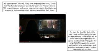 The fade between “save my sister,” and “and keep Peter alive,” shows
that the character emotions towards her sister and Peter are linked.
This helps the viewer understand how much she cares about Peter, as
it would be similar to how much someone would love their sister.
The over the shoulder shot of the
main character looking at the screen
shows the viewer that the film will be
about them watching the two on-
screen character in their dispute. The
long shot of the guy in the screen
portrays him to be quite distant and,
therefore, not down to earth, making
the viewer not like him.
 