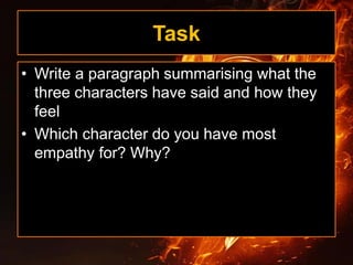 Task
• Write a paragraph summarising what the
three characters have said and how they
feel
• Which character do you have most
empathy for? Why?
 
