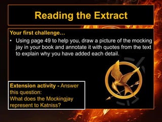 Reading the Extract
Your first challenge…
• Using page 49 to help you, draw a picture of the mocking
jay in your book and annotate it with quotes from the text
to explain why you have added each detail.
Extension activity - Answer
this question:
What does the Mockingjay
represent to Katniss?
 