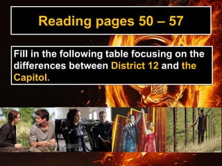 Reading pages 50 – 57
Fill in the following table focusing on the
differences between District 12 and the
Capitol.
 