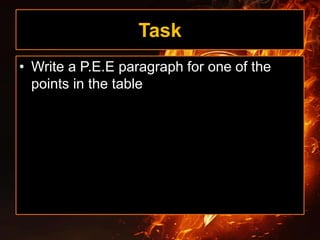 Task
• Write a P.E.E paragraph for one of the
points in the table
 