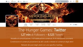 The Hunger Games: Twitter
1,27 mln di Followers – 6.525 Tweets
Modello di comunicazione: 1-N Pubblicazione contenuti, N-N Interazione commenti
Condivisione di contenuti provenienti da altri canali e retweet di contenuti degli attori
Retweet dei post degli utenti con uno specifico hashtag
 