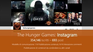 The Hunger Games: Instagram
354,146 Iscritti – 693 post
Modello di comunicazione: 1-N Pubblicazione contenuti, N-N Interazione commenti
Pubblicazione di contenuti da condividere su altri canali
 