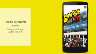 Funzioni di Snapchat
Stories
Collage di Snaps
Visibili per 24h
 