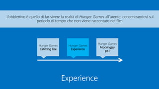 Experience
L’obbiettivo è quello di far vivere la realtà di Hunger Games all’utente, concentrandosi sul
periodo di tempo che non viene raccontato nei film.
Hunger Games
Catching Fire
Hunger Games
Experience
Hunger Games
Mockingjay
pt.1
 
