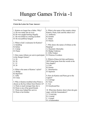 Hunger Games Trivia -1
Your Name: ______________________________
Circle the Letter for Your Answer:
1. Katniss no longer has a father. Why?
A. He was made into an avox
B. He was caught hunting illegally
C. He was killed in a mining accident
D. He was publicly hanged
2. What is Gale’s nickname for Katniss?
A. Kindling
B. Kitten
C. Catnip
D. Flame
3. How many tributes are sent to participate
in the Hunger Games?
A. 24
B. 20
C. 12
D. 26
4. What is the name of Katniss’ stylist?
A. Madge
B. Haymitch
C. Effie
D. Cinna
5. Why is Katniss troubled when Peeta is
chosen as the boy tribute from District 12?
A. Peeta is much stronger than she is
B. Peeta is one of her good friends
C. Peeta once helped her survive
D. Peeta is her brother
6. What is the name of the country where
Katniss, Peeta, Gale and the others live?
A. Ambrosia
B. Gondor
C. Panau
D. Panem
7. Who draws the names of tributes at the
Reaping?
A. Haymitch Abernathy
B. Madge Undersee
C. Effie Trinket
D. Primrose Everdeen
8. Which of these do Gale and Katniss
NOT bring home from the woods in the
first chapter?
A. Fish
B. Greens
C. Strawberries
D. Squirrels
9. How do Katniss and Peeta get to the
Capitol?
A. Carriage
B. Train
C. Car
D. Greyhound bus
10. What does Katniss shoot when she gets
angry with the Gamemakers?
A. A roast pig
B. A turnip
C. A target
D. A Gamemaker
 