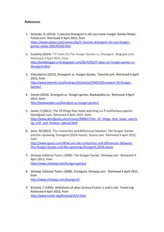 References
1. Amanda, B. (2014). 5 reasons Divergent is not just some Hunger Games Redux.
Yahoo.com. Retrieved 4 April 2015, from
https://www.yahoo.com/movies/bp/5-reasons-divergent-not-just-hunger-
games-redux-160147242.html
2. Carolina (2014). Tif Takes On The Hunger Games vs. Divergent. Blogspot.com.
Retrieved 4 April 2015, from
http://bookbloggersintl.blogspot.com/2014/03/tif-takes-on-hunger-games-vs-
divergent.html
3. Chocolatina (2012). Divergent vs. Hunger Games. Teenink.com. Retrieved 4 April
2015, from
http://www.teenink.com/reviews/all/article/559972/Divergent-VS-Hunger-
Games/
4. Donna (2014). Divergent vs. Hunger games. Bookwookie.ca. Retrieved 4 April
2015, form
http://bookwookie.ca/divergent-vs-hunger-games/
5. James, S (2011). The 10 things that make watching sci-fi and fantasy special.
Denofgeek.com. Retrieved 4 April 2015, from
http://www.denofgeek.com/movies/908417/the_10_things_that_make_watchi
ng_scifi_and_fantasy_special.html
6. Jerry. M (2013). The similarities and differences between The Hunger Games
and the upcoming Divergent (2014 movie). Quora.com. Retrieved 4 April 2015,
from
http://www.quora.com/What-are-the-similarities-and-differences-between-
The-Hunger-Games-and-the-upcoming-Divergent-2014-movie
7. Shmoop Editorial Team. (2008). The Hunger Games. Shmoop.com. Retrieved 4
April 2015, from
http://www.shmoop.com/hunger-games/
8. Shmoop Editorial Team. (2008). Divergent. Shmoop.com. Retrieved 4 April 2015,
from
http://www.shmoop.com/divergent/
9. Richard, T (1995). Definitions of what Science Fiction is and is not. Treitel.org
Retrieved 4 April 2015, from
http://www.treitel.org/Richard/sf/sf.html
 