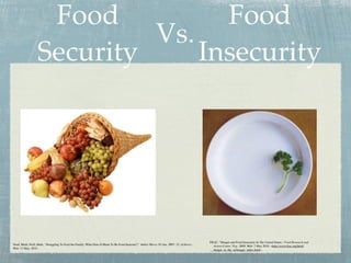 Food          Food
                           Vs.
                  Security     Insecurity




                                                                                                                                             FRAC. "Hunger and Food Insecurity In The United States." Food Research and
Nord, Mark; Prell, Mark. "Struggling To Feed the Family: What Does It Mean To Be Food Insecure?." Amber Waves. 01 Jun. 2007: 32. eLibrary.        Action Center. N.p., 2009. Web. 7 May 2010. <http://www.frac.org/html/
Web. 13 May. 2010.                                                                                                                                hunger_in_the_us/hunger_index.html>.
 