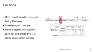Solutions
• More powerful model: Universal
Turing Machines
• Stored-program principle
• Break a big task into subtasks,
each can be handled by a TM
stored in a program memory
5https://en.wikipedia.org/
 
