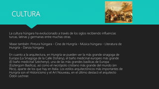 CULTURA
La cultura húngara ha evolucionado a través de los siglos recibiendo influencias
turcas, latinas y germanas entre muchas otras.
Véase también: Pintura húngara - Cine de Hungría - Música húngara - Literatura de
Hungría - Danza húngara
En cuanto a la arquitectura, en Hungría se pueden ver la más grande sinagoga de
Europa (La Sinagoga de la Calle Dohány), el baño medicinal europeo más grande
(El baño medicinal Széchenyi), una de las más grandes basílicas de Europa
(Esztergom Basílica), así como el necrópolo cristiano más grande del mundo (en
Pécs), aparte de los que hay en Italia. Los estilos arquitectónicos más importantes de
Hungría son el Historicismo y el Art Nouveau, en el último destacó el arquitecto
Ödön Lechner.
 