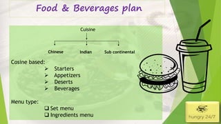 Food & Beverages plan
Cuisine
Cosine based:
 Starters
 Appetizers
 Deserts
 Beverages
Menu type:
 Set menu
 Ingredients menu
Chinese Indian Sub continental
 