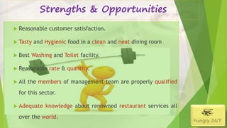 Strengths & Opportunities
 Reasonable customer satisfaction.
 Tasty and Hygienic food in a clean and neat dining room
 Best Washing and Toilet facility.
 Reasonable rate & quantity.
 All the members of management team are properly qualified
for this sector.
 Adequate knowledge about renowned restaurant services all
over the world.
4/5/2016
 