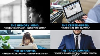 THE HUNGRY MIND:
“I KNOW WHAT I WANT, I JUST LOVE TO LEARN.”
THE KEEPER-UPPER:
“I’M TRYING TO STAY RELEVANT.”
THE TRACK-JU...