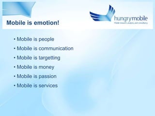 Mobile is emotion!

  • Mobile is people
  • Mobile is communication
  • Mobile is targetting
  • Mobile is money
  • Mobi...