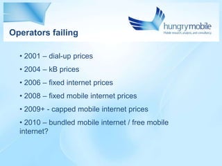 Operators failing

  • 2001 – dial-up prices
  • 2004 – kB prices
  • 2006 – fixed internet prices
  • 2008 – fixed mobile...