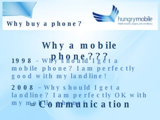 Why a mobile phone??? 1998  - Why should I get a mobile phone? I am perfectly good with my landline! 2008  – Why should I get a landline? I am perfectly OK with my mobile phone! = Communication Why buy a phone?  