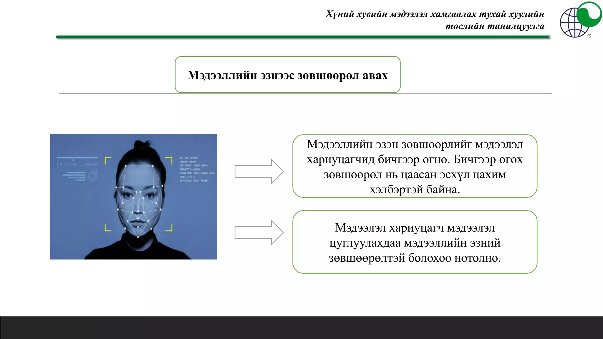 Мэдээллийн эзэн зөвшөөрлийг мэдээлэл
хариуцагчид бичгээр өгнө. Бичгээр өгөх
зөвшөөрөл нь цаасан эсхүл цахим
хэлбэртэй байна.
Хүний хувийн мэдээлэл хамгаалах тухай хуулийн
төслийн танилцуулга
Мэдээллийн эзнээс зөвшөөрөл авах
Мэдээлэл хариуцагч мэдээлэл
цуглуулахдаа мэдээллийн эзний
зөвшөөрөлтэй болохоо нотолно.
 