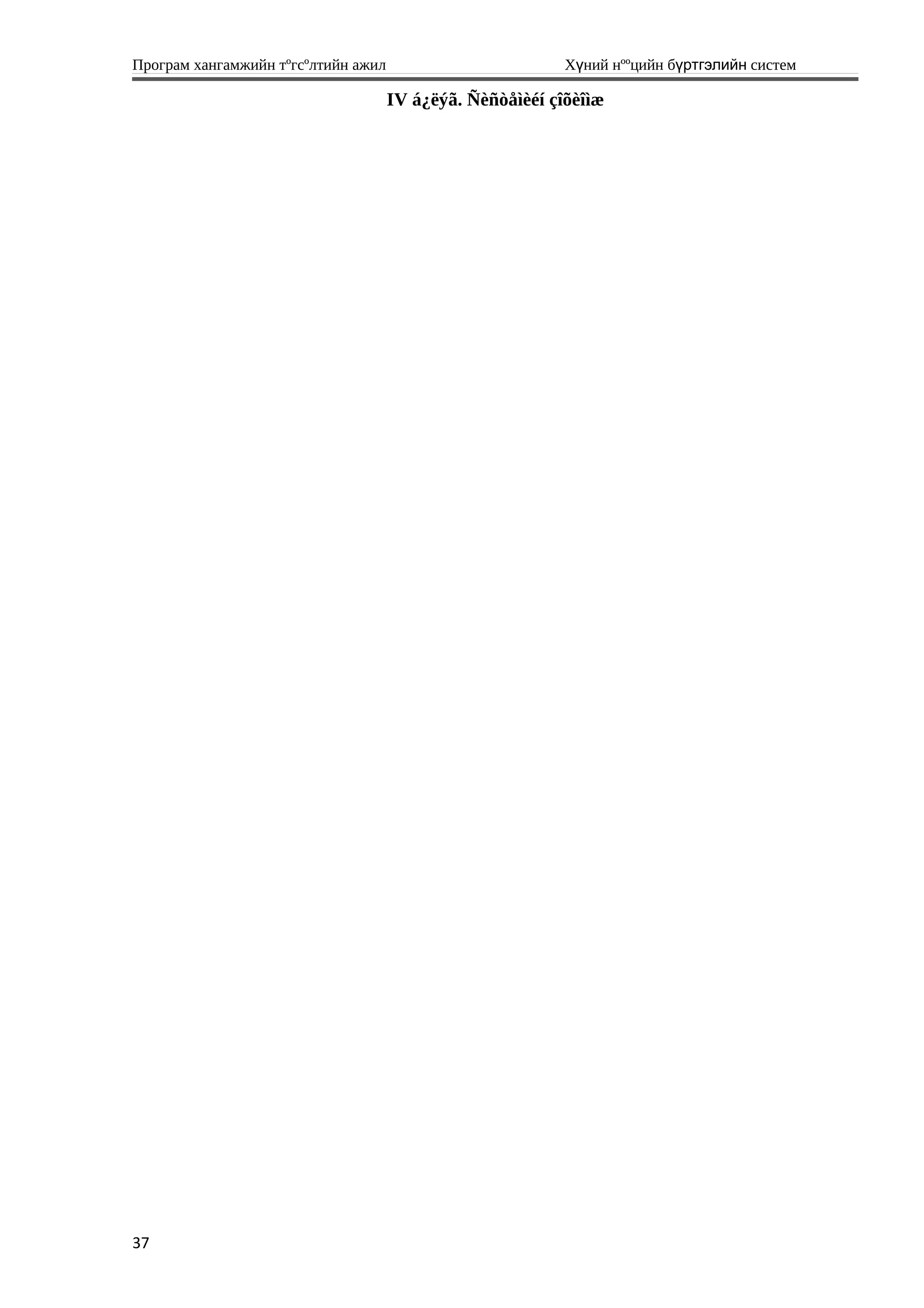 Програм хангамжийн тºгсºлтийн ажил Хүний нººцийн бүртгэлийн систем
IV á¿ëýã. Ñèñòåìèéí çîõèîìæ
37
 