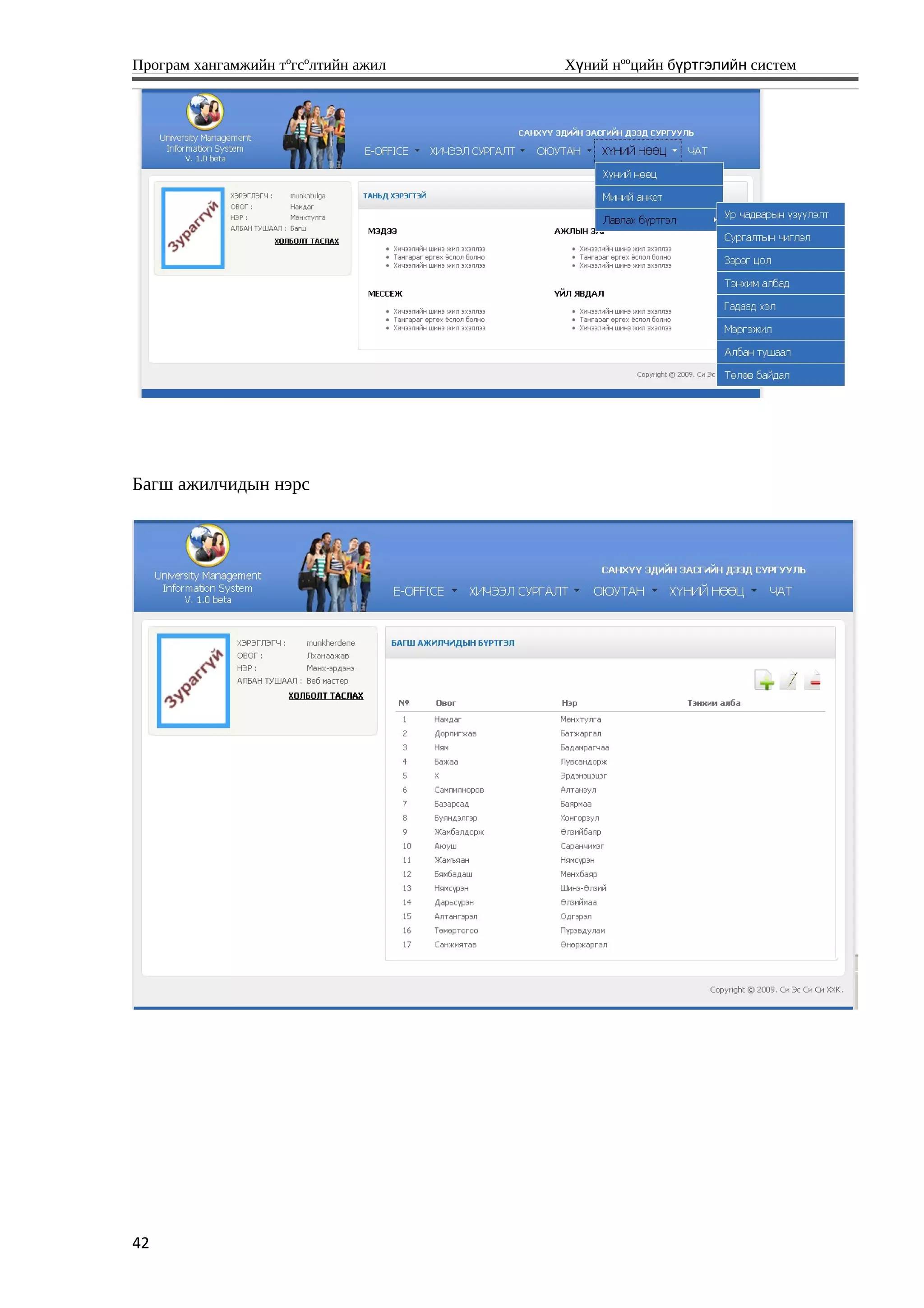 Програм хангамжийн тºгсºлтийн ажил Хүний нººцийн бүртгэлийн систем
Багш ажилчидын нэрс
42
 