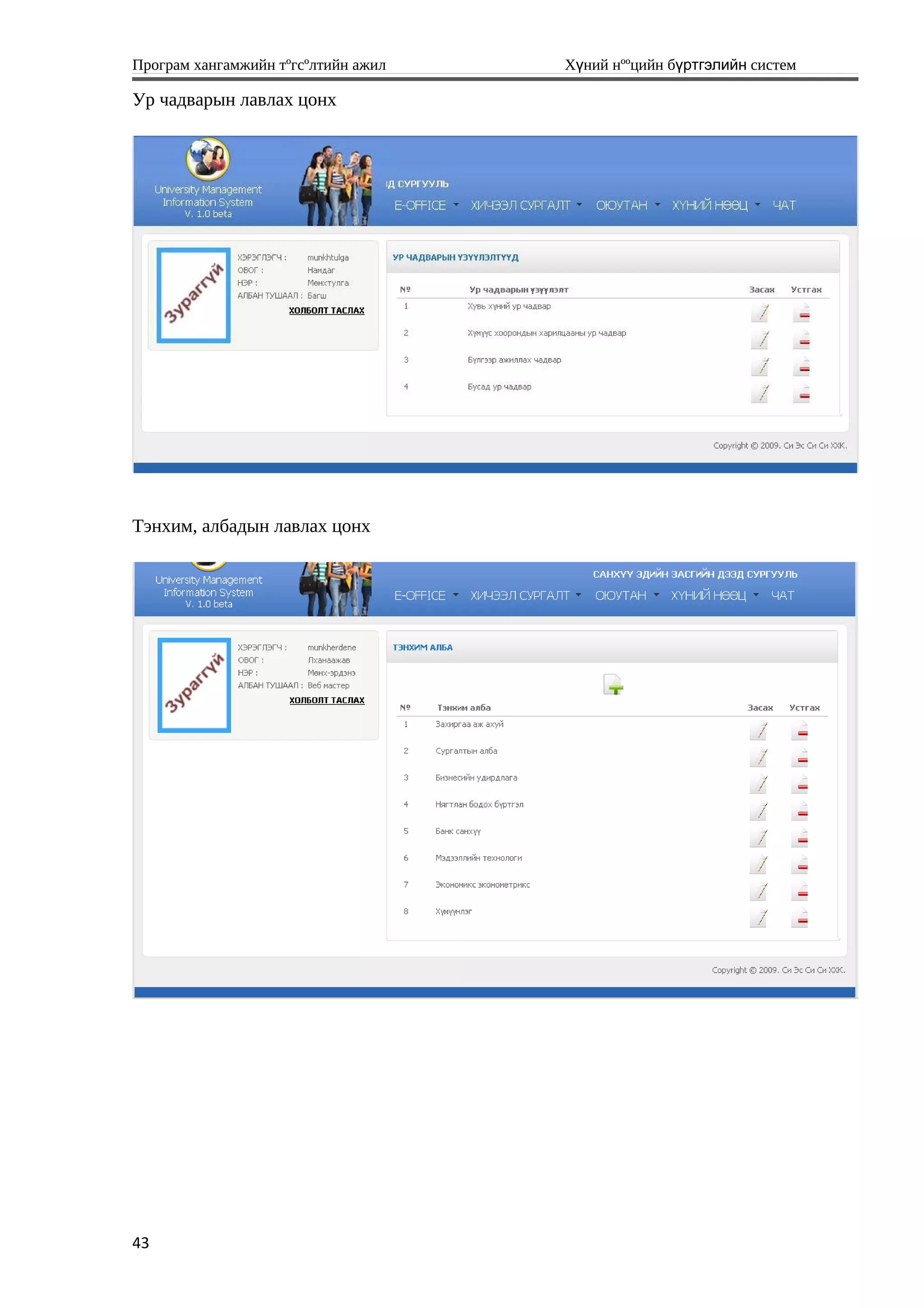 Програм хангамжийн тºгсºлтийн ажил Хүний нººцийн бүртгэлийн систем
Ур чадварын лавлах цонх
Тэнхим, албадын лавлах цонх
43
 