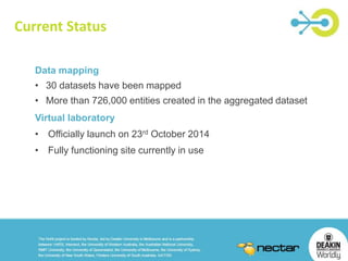 Current Status 
Data mapping 
• 30 datasets have been mapped 
• More than 726,000 entities created in the aggregated dataset 
Virtual laboratory 
• Officially launch on 23rd October 2014 
• Fully functioning site currently in use 
 