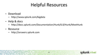 Helpful Resources
•

Download
– http://www.splunk.com/bigdata

•

Help & docs
– http://docs.splunk.com/Documentation/Hunk/6.0/Hunk/MeetHunk

•

Resource
– http://answers.splunk.com

27

 