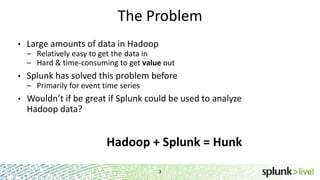 The Problem
•

Large amounts of data in Hadoop
– Relatively easy to get the data in
– Hard & time-consuming to get value out

•

Splunk has solved this problem before
– Primarily for event time series

•

Wouldn’t if be great if Splunk could be used to analyze
Hadoop data?

Hadoop + Splunk = Hunk
3

 