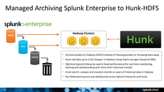 18
Managed Archiving Splunk Enterprise to Hunk-HDFS
1
• Archive buckets to Hadoop (HDFS) instead of freezing buckets or throwing data away
• Store old data up to 1/10 cheaper in Hadoop cheap batch storage instead of SANs
• Optimize Splunk Enterprise search head performance for real-time monitoring,
alerting and dashboarding with short-term historical context
• Hunk search, analyze and visualize months or years of historical data in Hadoop
• Run federated queries and dashboards across Splunk Enterprise and Hunk
Hadoop Clusters
WARM
COLD
FROZEN
 