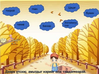 Навч
                                        Цэцэг
    тоорой
                                                  бүжин


                                     Энхтайваны
             тахиа                   гүүр
                            Банхар




.
 