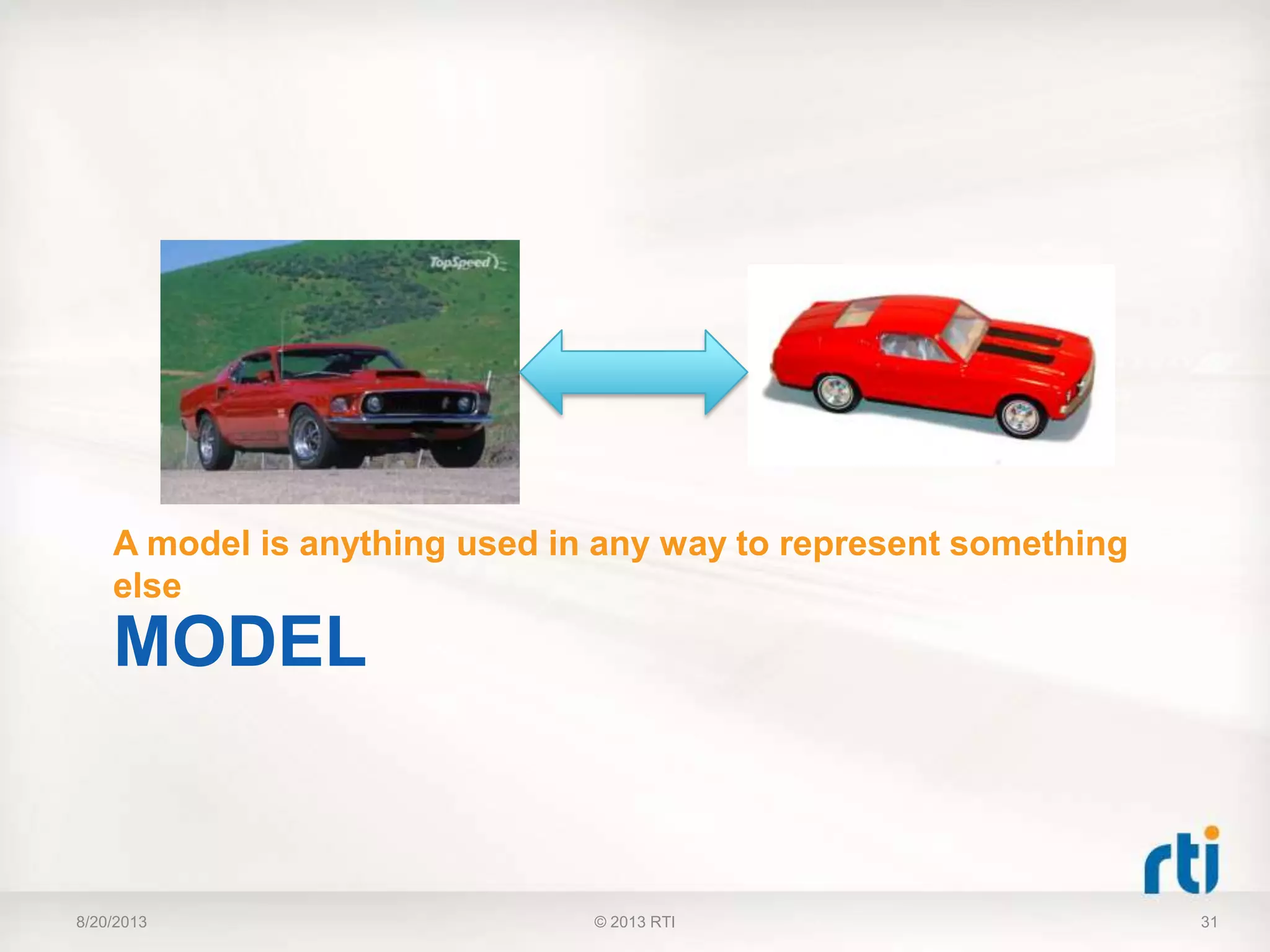 MODEL
A model is anything used in any way to represent something
else
8/20/2013 31© 2013 RTI
 