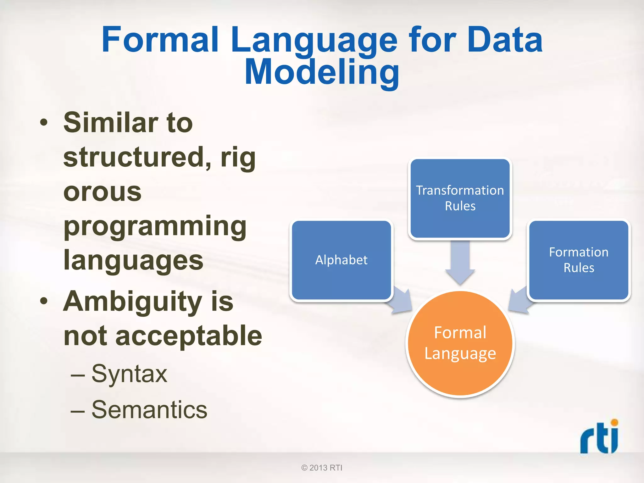 Formal Language for Data
Modeling
• Similar to
structured, rig
orous
programming
languages
• Ambiguity is
not acceptable
– Syntax
– Semantics
Formal
Language
Alphabet
Transformation
Rules
Formation
Rules
© 2013 RTI
 