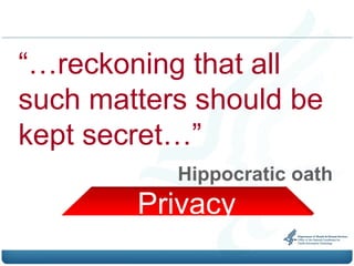 “…reckoning that all
such matters should be
kept secret…”
           Hippocratic oath
        Privacy
 