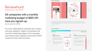 94 companies with a monthly
marketing budget of $661,161
have pre signed-up.
Reviewhunt
(Beta launch in July 2019)
Its a two-sided platform between tech makers
and early-adopters. Makers (companies) will
use their marketing budget on the campaign
and hunters (early-adopters) will receive HUNT
rewards for their quest activities.
PRODUCT INFORMATION
Bark transforms people nearby into fun barking dogs. Every user chooses one of the 8 different dog breeds and chats with
other barkers by communicating like dogs. Simply bark at each other within a 1 mile radius by pressing the bark button.
Communicate with other barkers via short and unique bark messages. Drop a post on your location like when a dog leaves a
poo, and get unlimited attention.
Show more
QUESTS AND REVIEWS
61% remaining $10,500 bounty fund
QUEST 1
Make your ?rst bark.
$2
Bark transforms people nearby into fun
barking dogs. Every user chooses one of
the 8 different dog breeds and chats with
other barkers by communicating like
dogs.
Make your ?rst bark on your location, and
see how other dogs (users) barking back
to you. Take some good screenshot of
your barking situation.
QUEST 2
Become a top dog in your territory.
Take over territories and change the
name of the location by following dogs
territorial actions.
You can become a top dog in your 2km X
2km territory by barking the most. Once
you become the top dog, you can change
the name of the territory whatever you
want.
Become a top dog, change the name of
your territory, and share the screenshot.
(As of June 24, 2019)
 