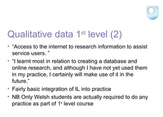 Qualitative data 1st
level (2)
• “Access to the internet to research information to assist
service users. ”
• “I learnt most in relation to creating a database and
online research, and although I have not yet used them
in my practice, I certainly will make use of it in the
future.”
• Fairly basic integration of IL into practice
• NB Only Welsh students are actually required to do any
practice as part of 1st
level course
 