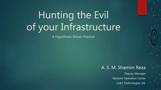 Hunting the Evil
of your Infrastructure
A Hypothesis Driven Practice
A. S. M. Shamim Reza
Deputy Manager
Network Operation Center
Link3 Technologies Ltd.
 