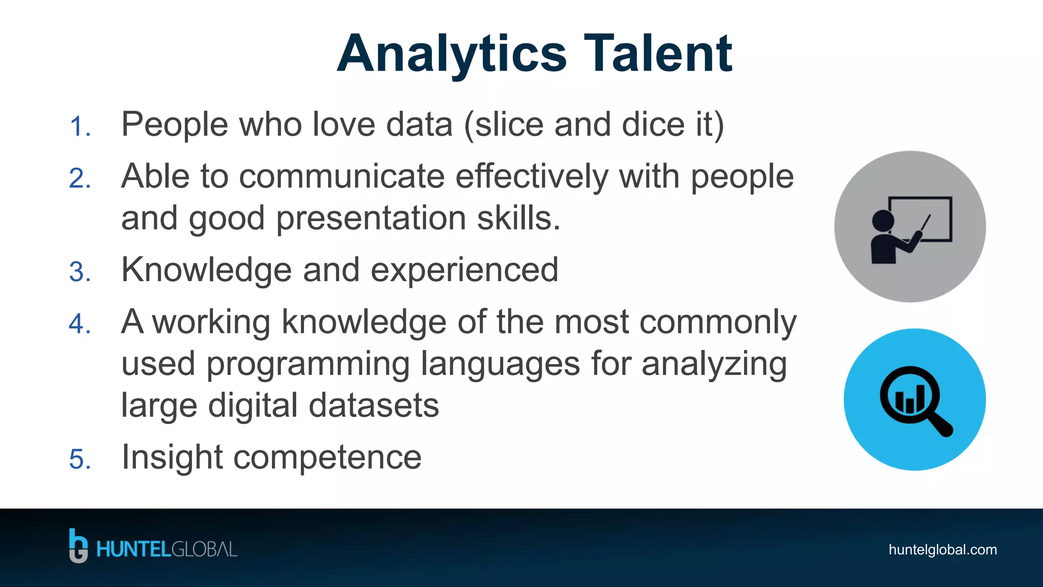 huntelglobal.com
1. People who love data (slice and dice it)
2. Able to communicate effectively with people
and good presentation skills.
3. Knowledge and experienced
4. A working knowledge of the most commonly
used programming languages for analyzing
large digital datasets
5. Insight competence
Analytics Talent
 