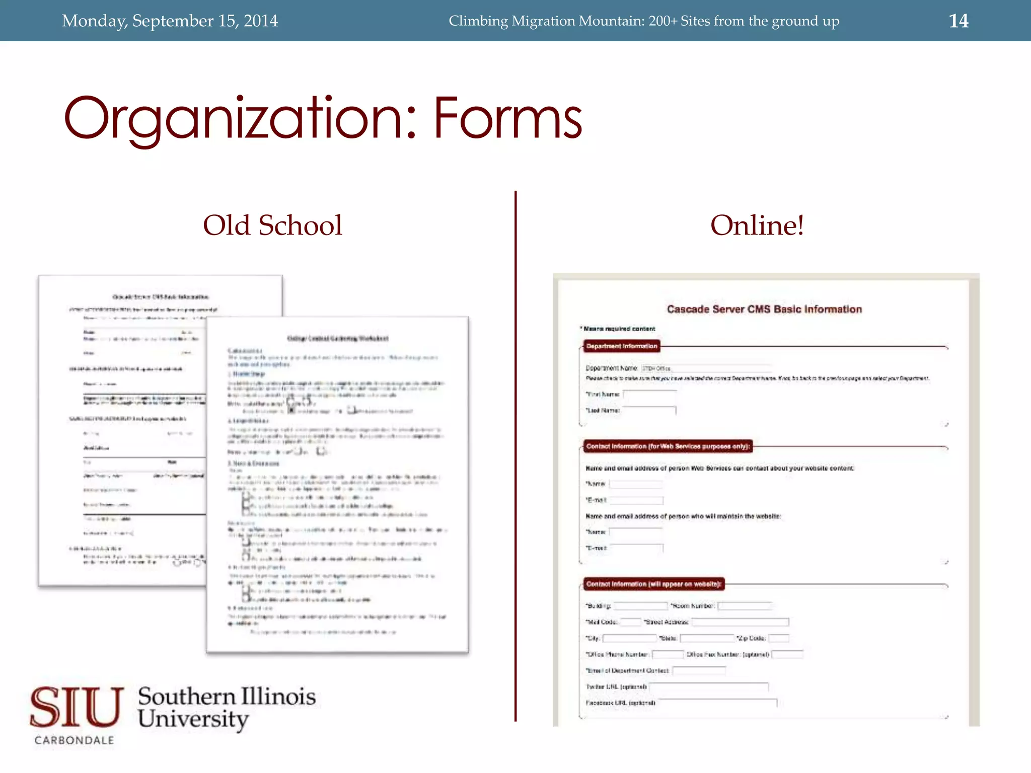 Monday, September 15, 2014 Climbing Migration Mountain: 200+ Sites from the ground up 14 
Organization: Forms 
Old School Online! 
 