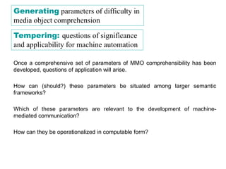Once a comprehensive set of parameters of MMO comprehensibility has been
developed, questions of application will arise.
How can (should?) these parameters be situated among larger semantic
frameworks?
Which of these parameters are relevant to the development of machine-
mediated communication?
How can they be operationalized in computable form?
Tempering: questions of significance
and applicability for machine automation
Generating parameters of difficulty in
media object comprehension
 