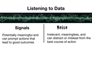Listening to Data 
Noise!
Irrelevant, meaningless, and
can distract or mislead from the
best course of action

Signals
Potentially meaningful and
can prompt actions that
lead to good outcomes
 
