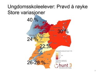 Ungdomsskoleelever: Prøvd å røyke Store variasjoner 22 % 40 % 30 % 24 % 26-28 % 