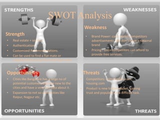 SWOT Analysis
Strength
• Real estate + service.
• Authentication.
• Customized Recommendations.
• Can be used to find a flat mate or
neighborhood using the matching matrix.
Opportunities
• Cities like Bangalore has a large no of
potential customers who are new to the
cities and have a very less idea about it.
• Expansion to not so urban cities like
Raipur, Nagpur etc.
Threats
• Competitors: commonfloo.com,
housing.com
• Product is new to the market, gaining
trust and popularity is a difficult task.
Weakness
• Brand Power: can’t match competitors
advertisements. We don’t have a national
brand
• Pricing : since competitors can afford to
provide free services.
 