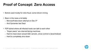 © Copyright 2013 Hewlett-Packard Development Company, L.P. The information contained herein is subject to change without notice.17
Proof of Concept: Zero Access
• Botnet used mostly for click-fraud, some bitcoin mining
• Been in the news a lot lately
– Microsoft take-down attempt on Dec 5th
– And Symantec last Sept
• P2P botnet where all infected hosts can talk to each other
– “Super peers” are internet-facing machines
– Hard to track down actual C&C servers, since control is decentralized
– Hard to completely shut down
 