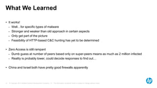 © Copyright 2013 Hewlett-Packard Development Company, L.P. The information contained herein is subject to change without notice.31
What We Learned
• It works!
– Well…for specific types of malware
– Stronger and weaker than old approach in certain aspects
– Only get part of the picture
– Feasibility of HTTP-based C&C hunting has yet to be determined
• Zero Access is still rampant
– Dumb guess at number of peers based only on super-peers means as much as 2 million infected
– Reality is probably lower, could decode responses to find out…
• China and Israel both have pretty good firewalls apparently
 